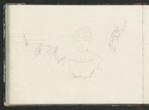 Portrait of an unknown girl, a man with a sword, and rooftops