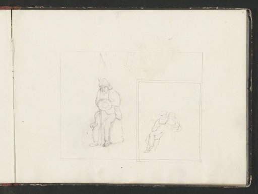 Seated man with a dog and a couple with a child