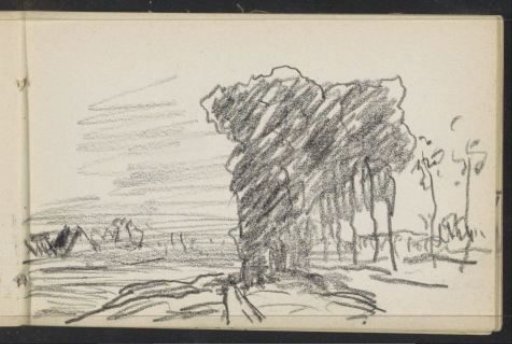 Landscape with trees and buildings