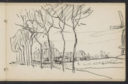 Tree-lined avenue in a landscape with mills