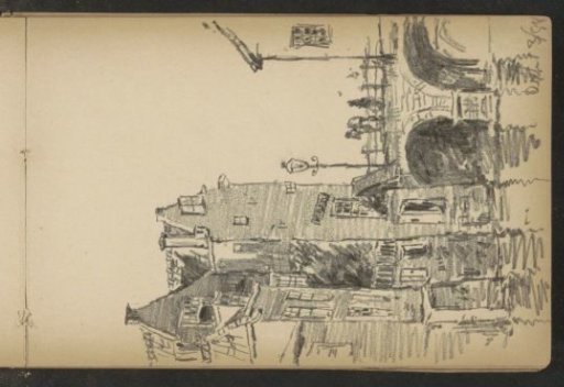 City view with figures on a bridge in Delft