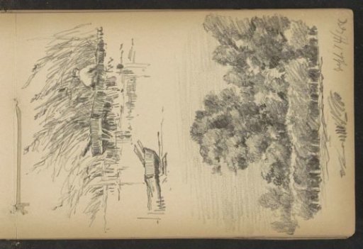 Seated man at a waterfront, a rowing boat, and a landscape with trees