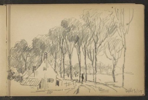 Tree-lined avenue alongside a farmhouse