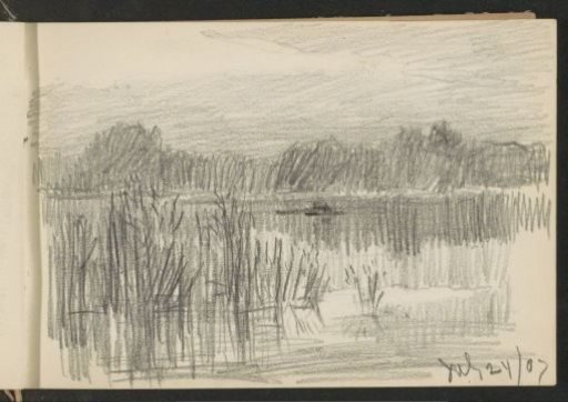 Landscape with reed beds on the water