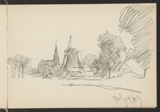 View of a town with a church and mill
