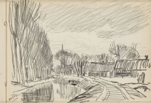 Farms and a towpath along a canal