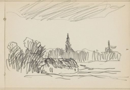 Village view with a church tower and windmill