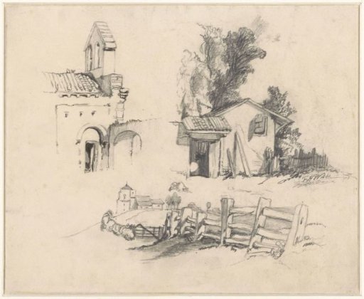 Three studies of a church, cottage, and gate