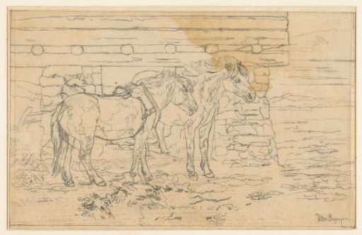 Two horses before a barn