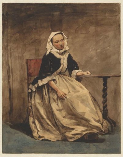 Seated woman beside a small table