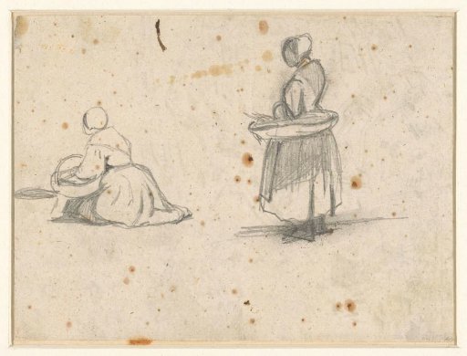 Standing and kneeling fisherwoman