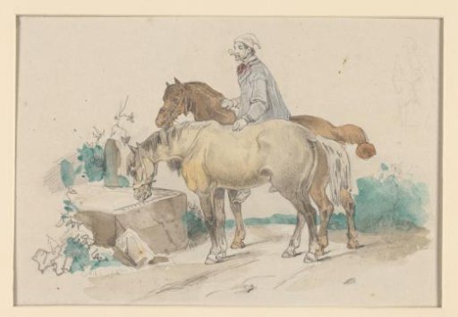 Peasant with two horses at a water trough