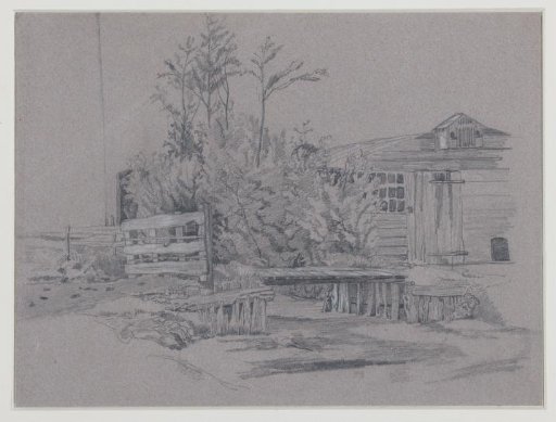 Landscape with a small bridge and gate, leading to a shed