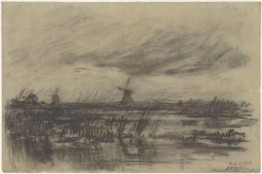River landscape with two mills