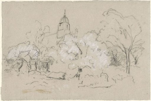 View of a village with church hidden behind several trees