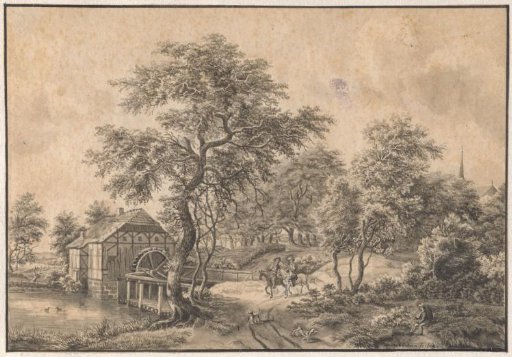 Landscape with watermill and two horsemen