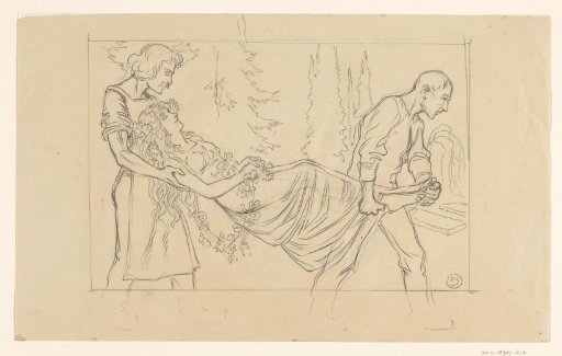 Design for a caricature with two men carrying a woman to a grave