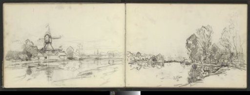 Houses and mill on a waterfront