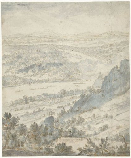 Hilly landscape with a village on a river