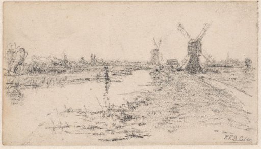 Landscape with river and two mills