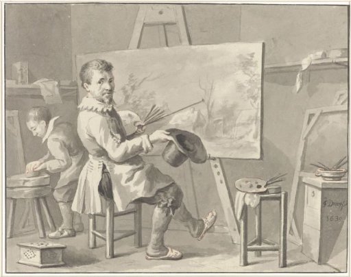 Portrait of Joost Corneliszn. Droochsloot in his studio sitting behind an easel with landscape