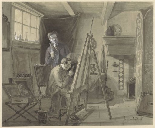 Self-portrait of Johannes Marius van Kate, standing in his studio with a visitor