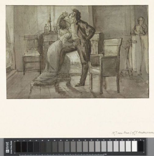 Lovers by the fireplace, spied upon by a maid