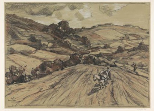 Norman hilly landscape with a farmer and two white horses