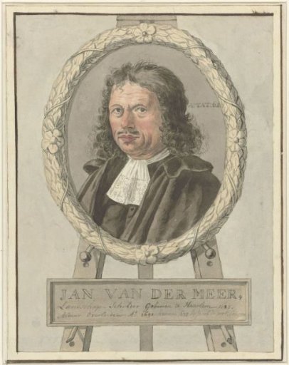 Portrait of Johannes van der Meer de Oude, in a laurel wreath on an easel