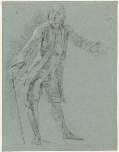 Standing gentleman with walking stick, left arm extended forward