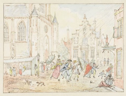 Square with people in the rain