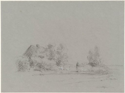 Farmhouse under trees with a peasant woman