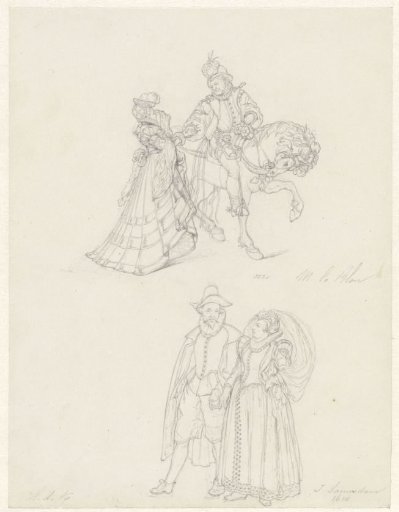 Above, a man on horseback; below, a man and a woman