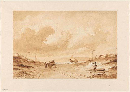 Landscape with road between dunes to the sea
