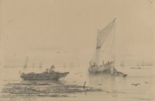 Calm water with a fisherman in his boat in the foreground