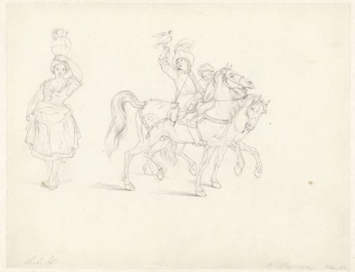 Peasant woman with a jug on her head and a falconer on horseback