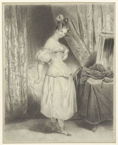 Young woman in a bedroom, unfastening her corset bodice