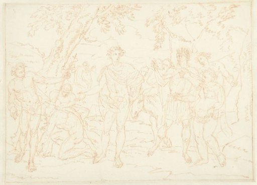 Mythological scene with a man standing between two groups of spectators