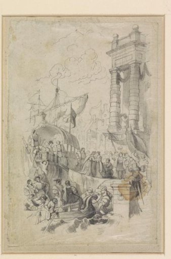 Arrival or departure of royal personages at a quay