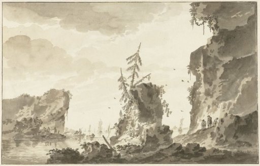Rocky coast with ships and fishermen