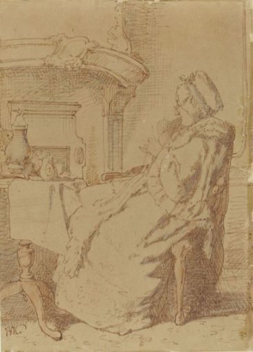 Seated, Knitting Old Woman at a Table