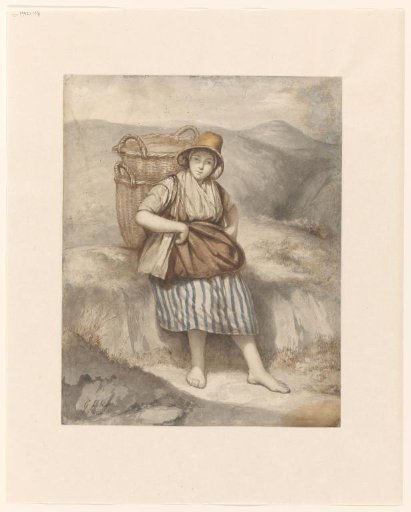 Fishergirl with baskets, resting against a dune