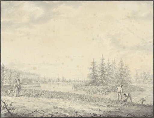 Park landscape with walkers and anglers