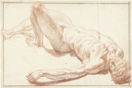 Study of a male nude, lying on his back, with a straight leg