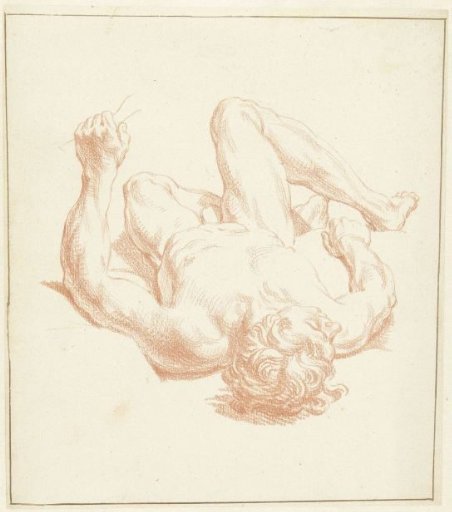 Study of a male nude, lying on his back, shown in foreshortening