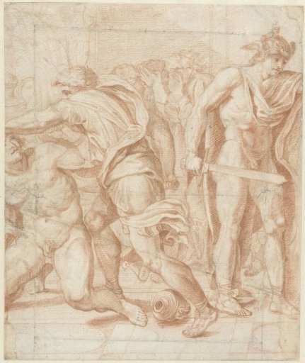 Mythological representation with Mercury and fighting men