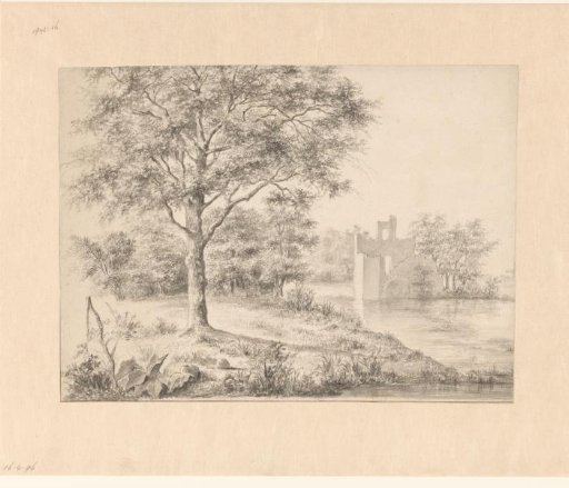 Ruin by a water in a wooded environment