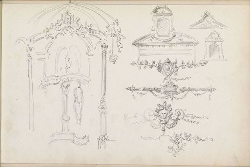 Gable tops, festoons, and the exterior of a building with a dome