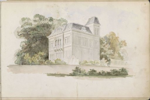 Detached villa with a tower in a wooded setting