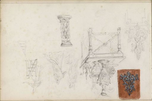 Figures, ornaments, and a table with silverware